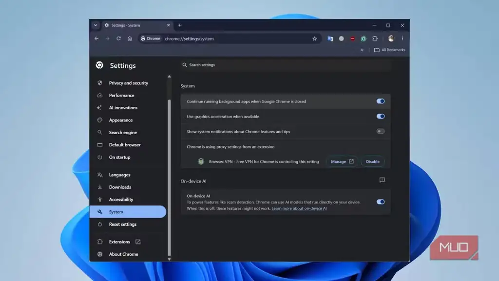 تنظیمات System در Google Chrome با گزینه اجرای برنامههای پسزمینه در حالت روشن.