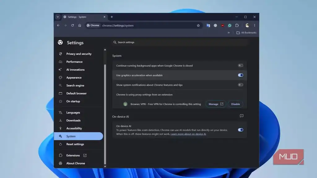 تنظیمات System در Google Chrome پس از خاموش کردن اجرای برنامههای پسزمینه.