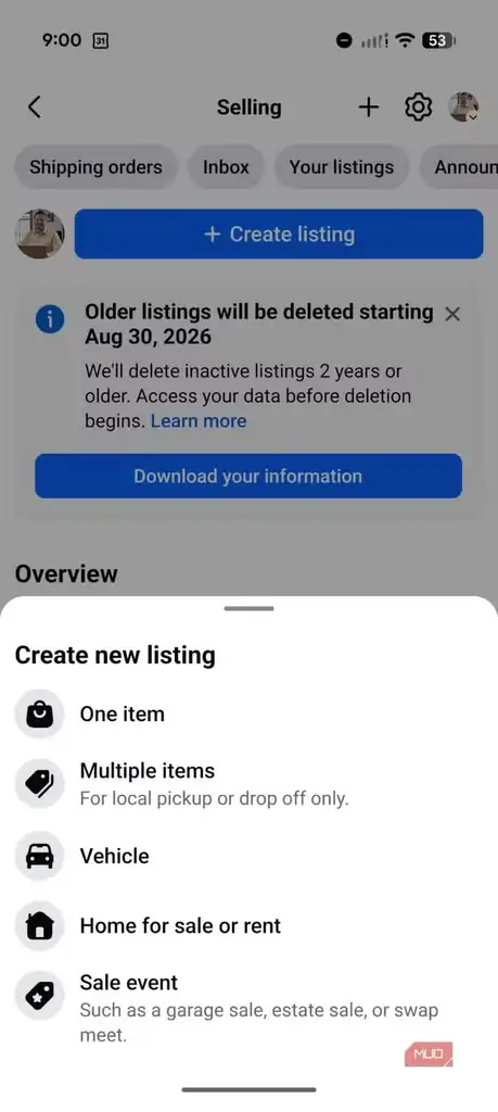 گزینههای تنظیم آگهی فروش در Facebook Marketplace.