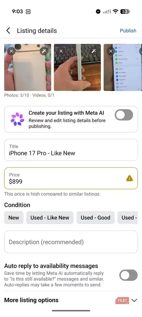 فرم ثبت آگهی تازه برای فروش کالا در Facebook Marketplace.