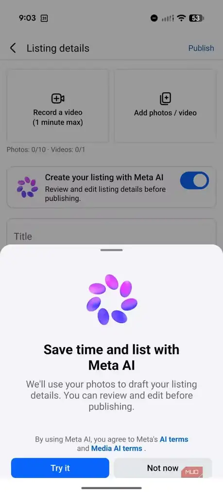 نمایی از بخش Marketplace و امکانات Meta AI در اپ Facebook.