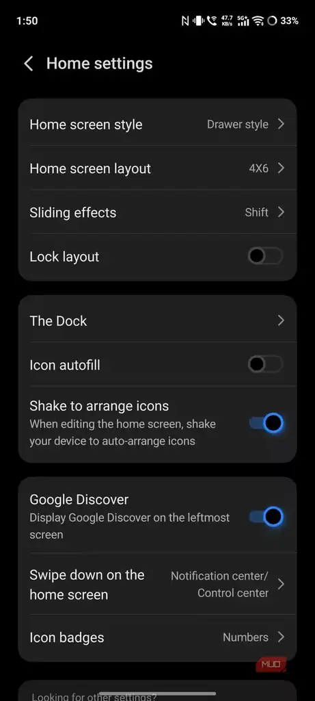 تنظیمات صفحه اصلی اندروید هنگام خاموش کردن فید Google Discover.