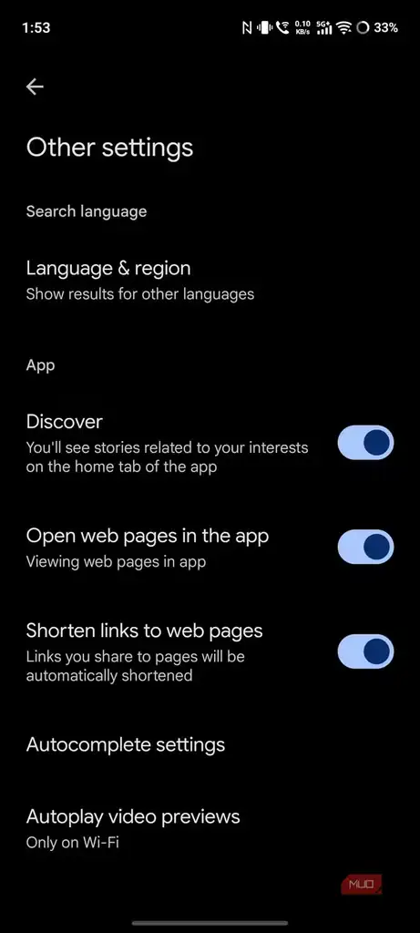 کلید Discover در بخش Other settings اپ Google برای کاهش مصرف پسزمینه.