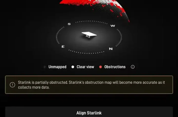 نمای نقشه موانع در اپلیکیشن Starlink Mini که بخش‌های مسدودشده دید آنتن را نشان می‌دهد.