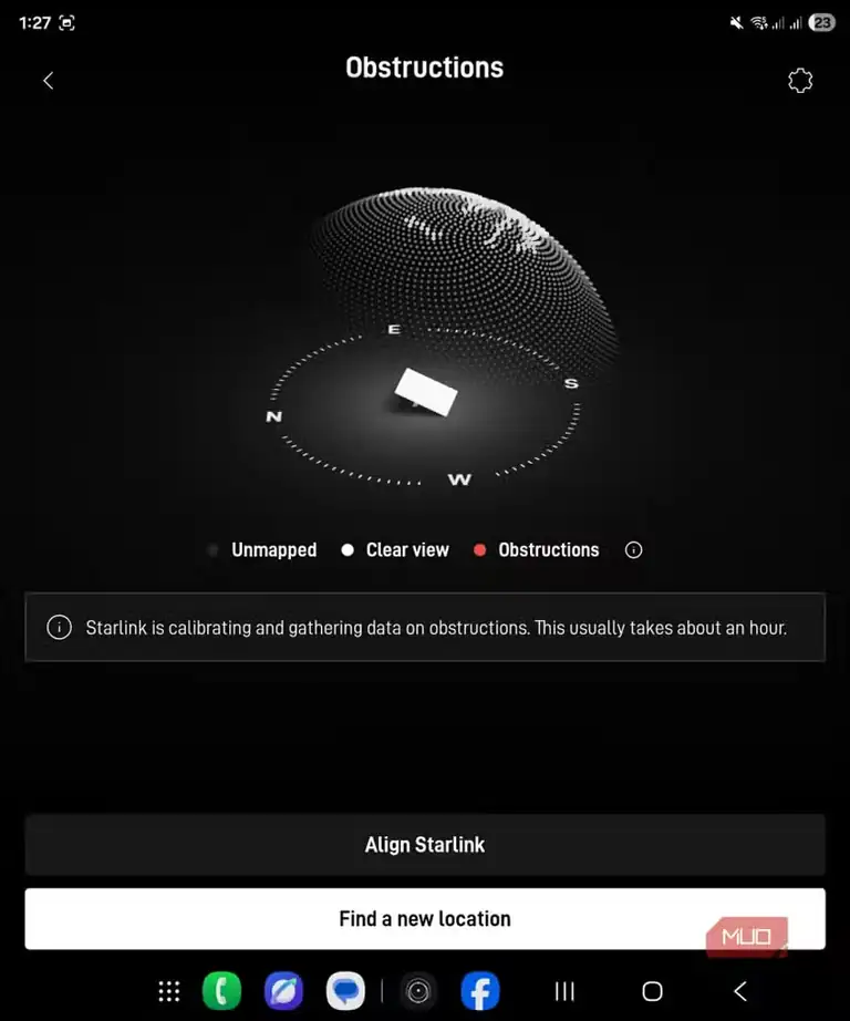 نمای اپلیکیشن Starlink Mini پس از جابهجایی آنتن و حذف موانع دید آسمان.
