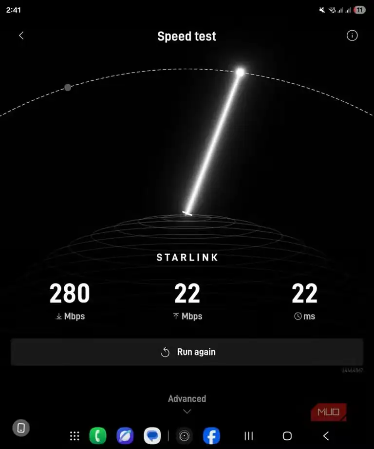 نتیجه تست سرعت Starlink Mini بعد از برداشتهشدن مانع و پایدار شدن اتصال.