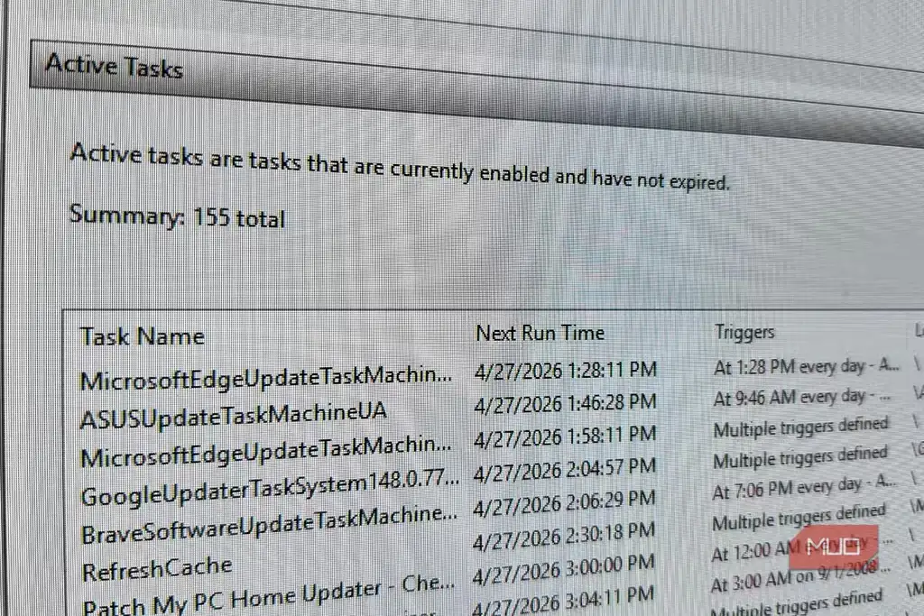 بخش Active Tasks در Task Scheduler ویندوز با تعداد زیادی کار فعال.