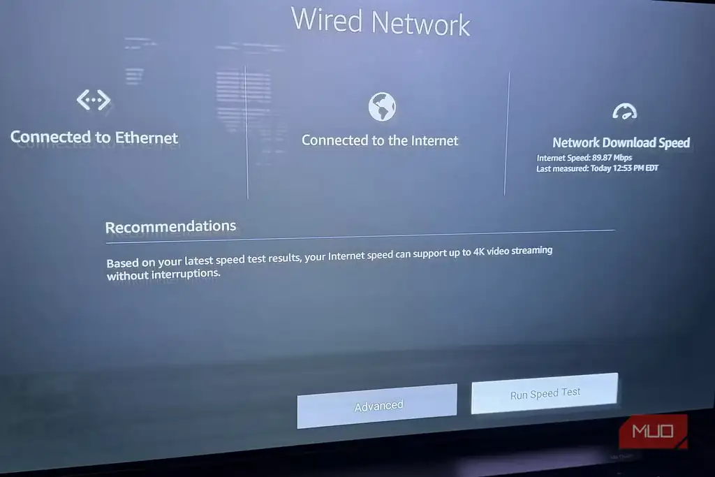 صفحه تست سرعت شبکه روی Fire TV که پایداری اتصال را نشان میدهد.