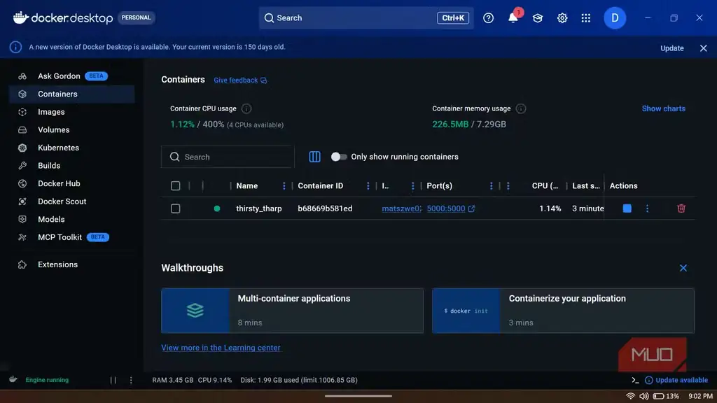 داشبورد Docker Desktop که کانتینر در حال اجرای YT-DLP Web Player را نشان میدهد.