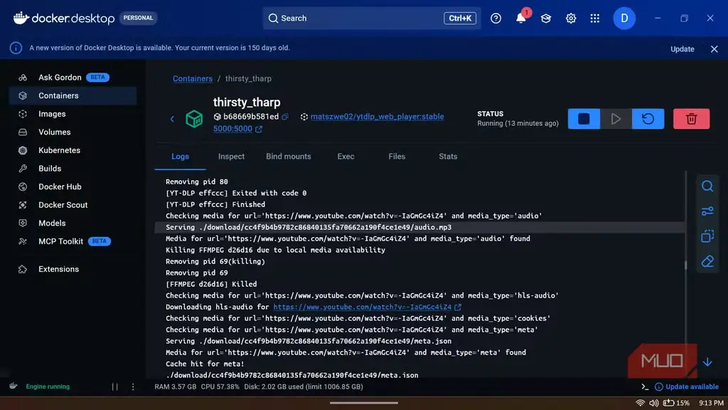 نمای لاگهای کانتینر در Docker Desktop برای سرویس YT-DLP Web Player.