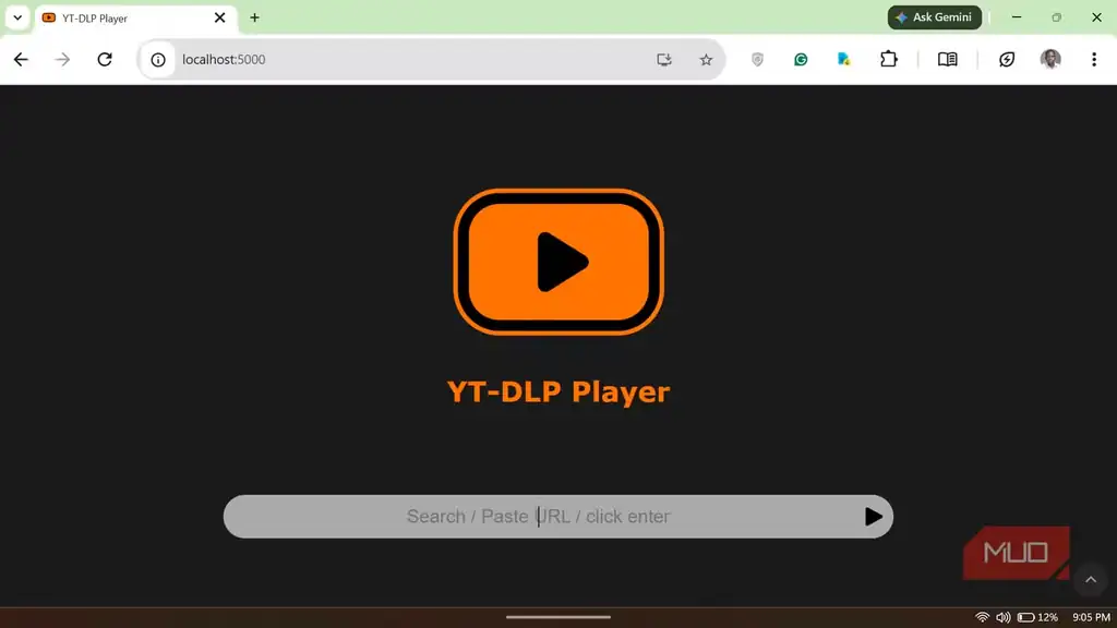 رابط وب YT-DLP Player در مرورگر برای پخش و مدیریت ویدیو.