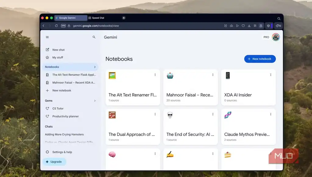 رابط Gemini Notebooks در مرورگر Mac با فهرست دفترچههای ذخیرهشده.
