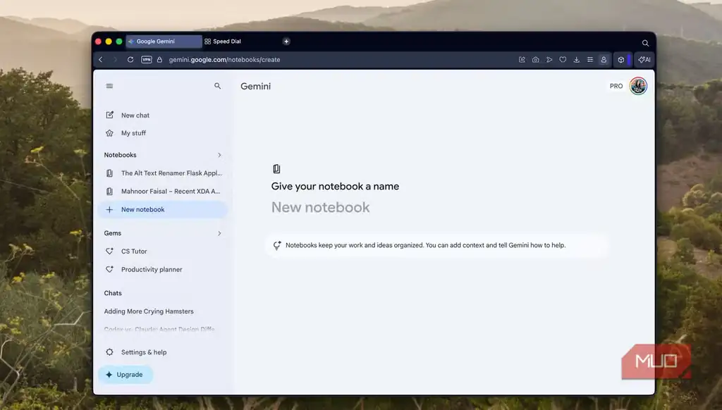 پنجره ساخت دفترچه در رابط Gemini روی مرورگر Mac.