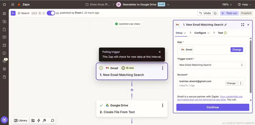تنظیم محرک Gmail در Zapier برای دریافت ایمیل خبرنامه.