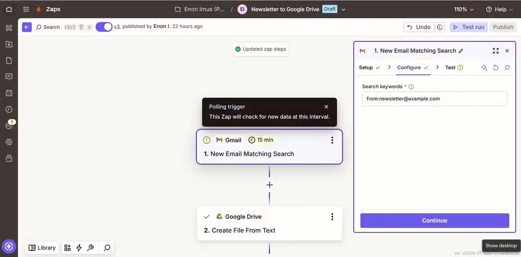 وارد کردن نشانی ایمیل مشخص بهعنوان محرک خبرنامه در Zapier.