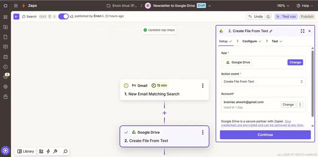 تنظیم اقدام Create Document در Google Drive از داخل Zapier.