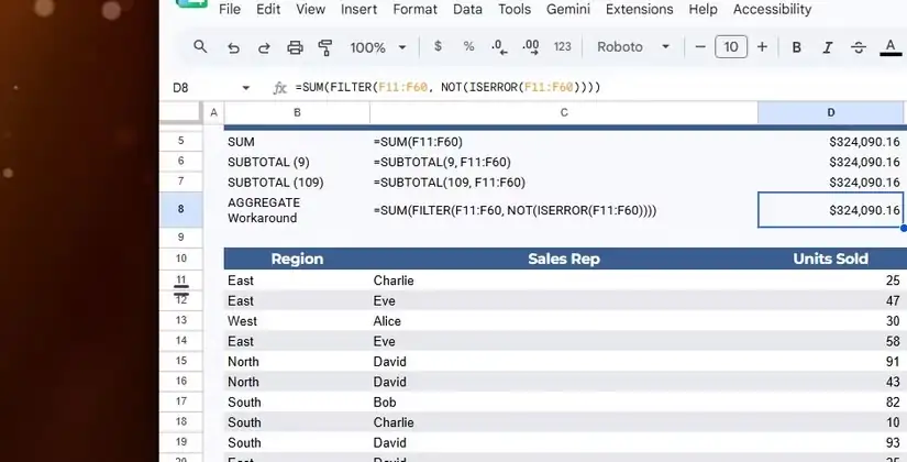ساخت فرمولی شبیه AGGREGATE در Google Sheets با ترکیب چند تابع.