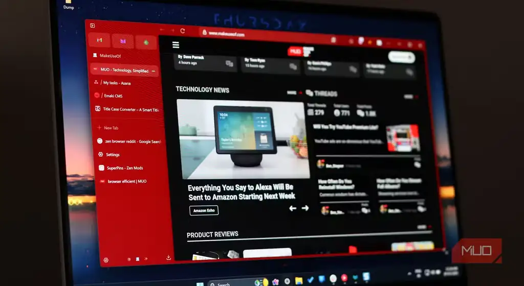 پنجره Zen Browser با سایت MakeUseOf باز و سایدبار تبهای عمودی در کنار صفحه.
