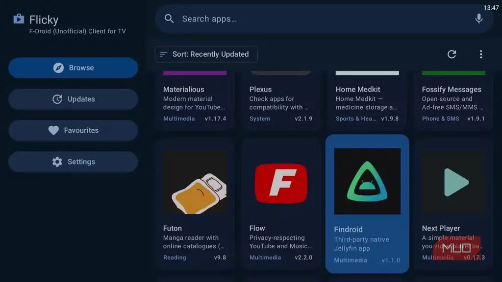 فروشگاه Flicky با فهرست برنامهها روی Android TV.