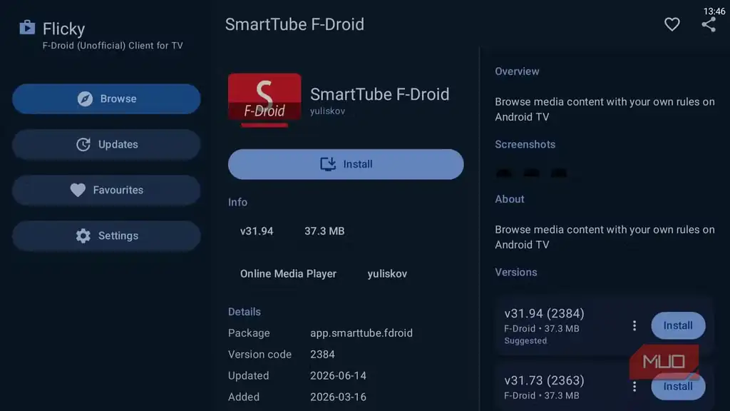 نمایش برنامه SmartTube در Flicky روی تلویزیون اندرویدی.
