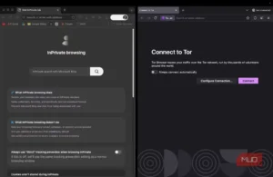 نمای کنار هم از حالت Incognito و Tor Browser برای مقایسه حریم خصوصی مرورگرها.