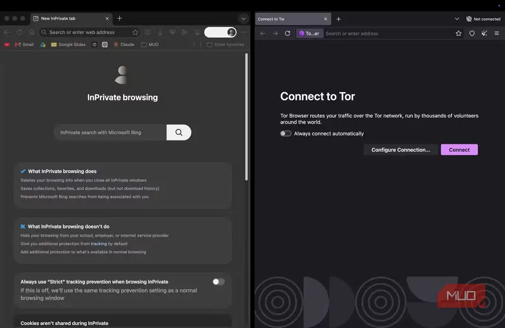 نمای کنار هم از حالت Incognito و Tor Browser برای مقایسه حریم خصوصی مرورگرها.