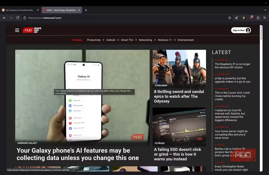 نمای Mullvad Browser هنگام نمایش یک صفحه وب.