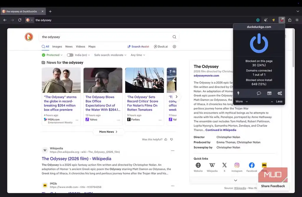 نمای Mullvad Browser همراه با آیکن uBlock Origin هنگام وبگردی.