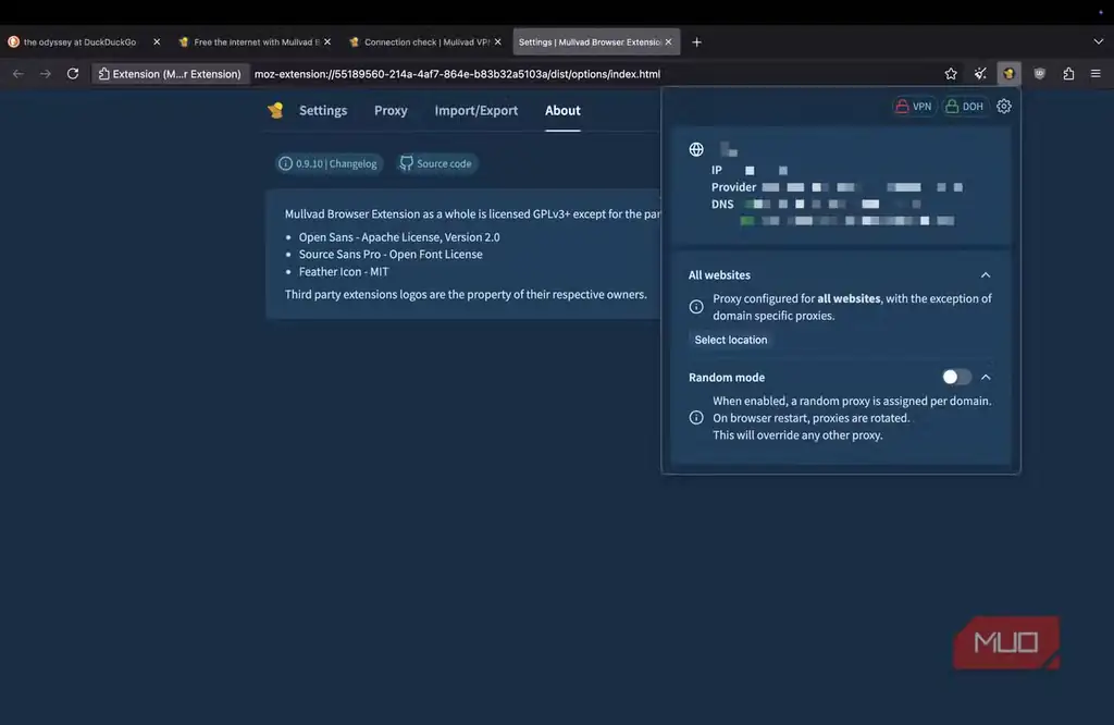 صفحه اطلاعات اتصال در Mullvad Browser برای بررسی وضعیت حریم خصوصی.