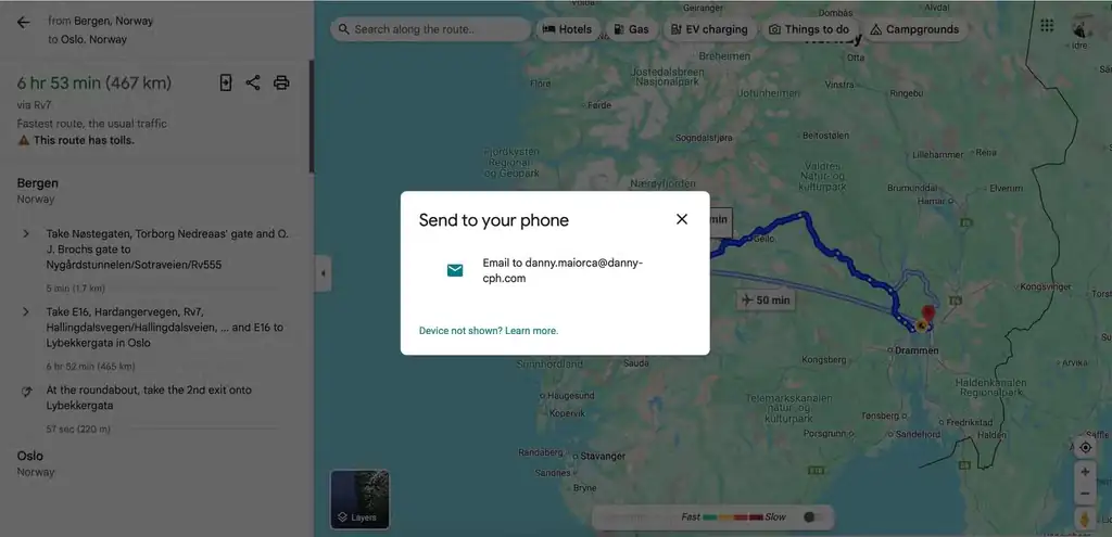 گزینه Send to Phone برای ارسال مسیر Google Maps به گوشی.
