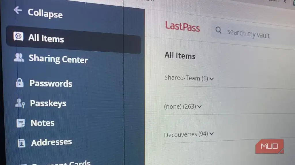نمای vault مدیر رمز عبور LastPass.