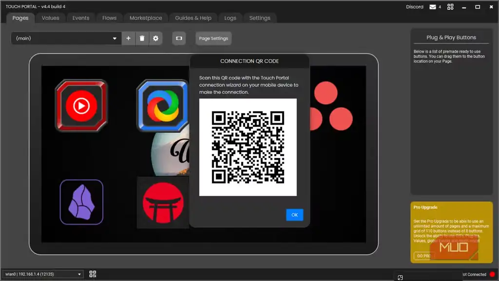صفحه جفتسازی Touch Portal با QR code روی تبلت.