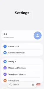 صفحه تنظیمات گوشی Samsung برای دسترسی به بخش Galaxy AI.