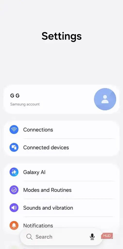 صفحه تنظیمات گوشی Samsung برای دسترسی به بخش Galaxy AI.