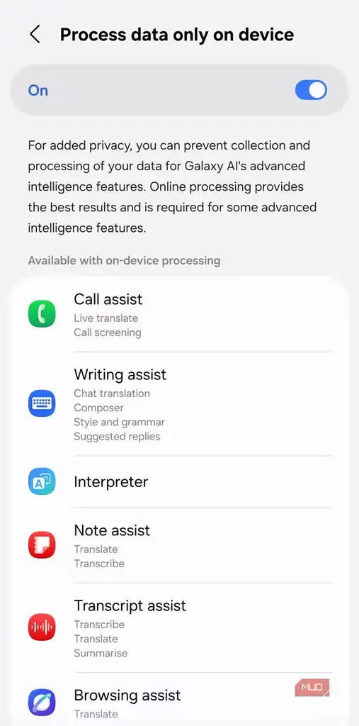 فعالسازی پردازش محلی هوش مصنوعی در منوی Galaxy AI گوشی Samsung.