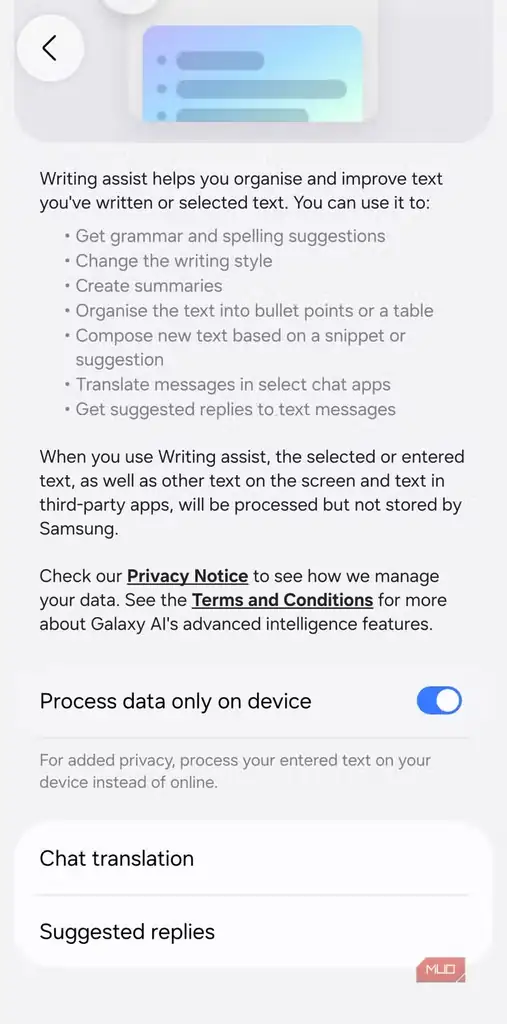 گزینه پردازش روی دستگاه برای Writing Assist در گوشی Samsung.