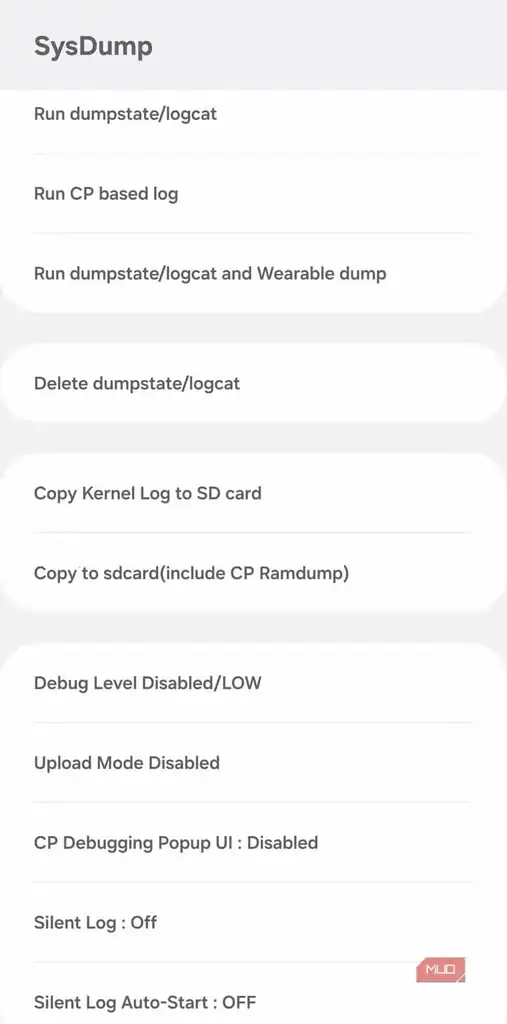 منوی SysDump در گوشی Samsung با گزینههای عیبیابی سیستم.