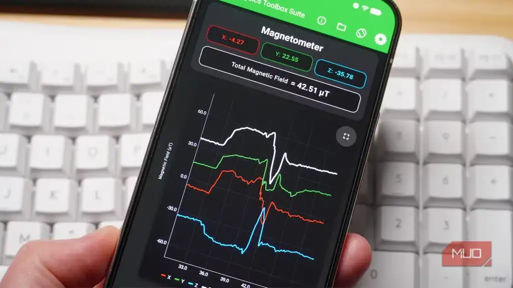 صفحه یکی از ابزارهای اندازهگیری در اپلیکیشن Physics Toolbox برای اندروید.