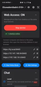 نمای دکمه توقف سرویس در اپ PlainApp روی گوشی اندرویدی.
