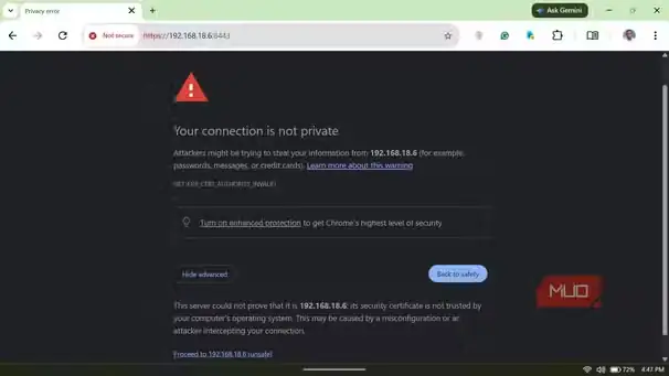 هشدار خصوصی نبودن اتصال در Chrome هنگام ورود به داشبورد PlainApp.