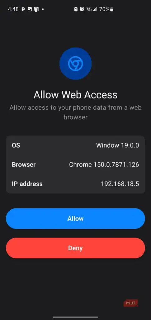درخواست دسترسی وب Chrome برای اتصال به PlainApp.