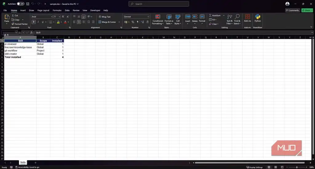 صفحه‌گسترده تولیدشده با Skillهای Claude برای کارهای سندی و داده‌ای.