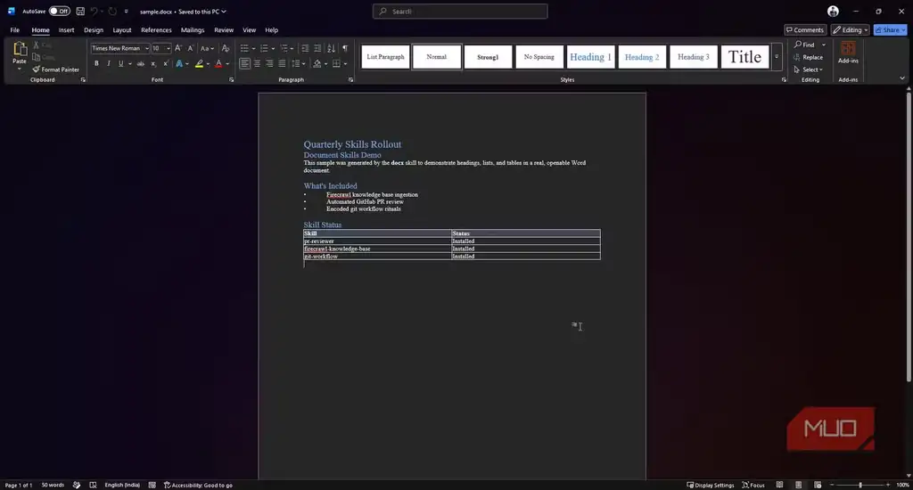 نمونه سند Word ساخته‌شده با یک Skill هوش مصنوعی برای تولید مستندات.