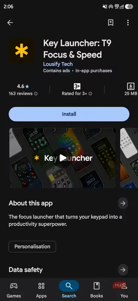 صفحه Google Play برای برنامه Key Launcher با دکمه نصب و پیش‌نمایش‌های برنامه.