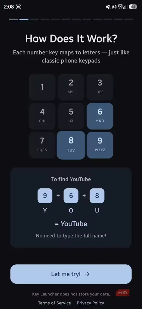 صفحه آموزش اولیه Key Launcher که شیوه جست‌وجوی T9 برای باز کردن YouTube را نشان می‌دهد.