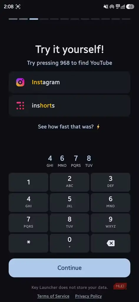 صفحه تمرین Key Launcher با نتیجه جست‌وجوی برنامه‌ها بالای صفحه‌کلید T9.