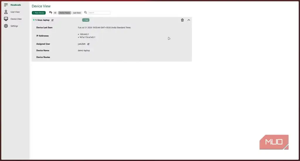 نمای پنل Headscale UI با فهرست دستگاههای متصل به tailnet.