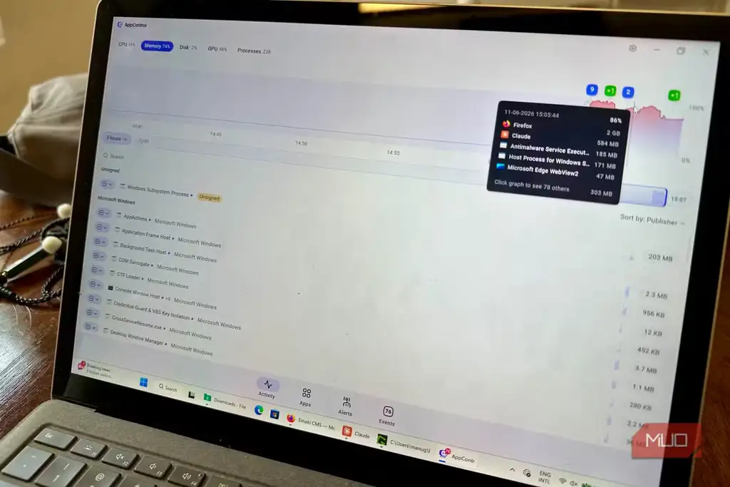 لپتاپ Microsoft Surface با برنامه AppControl باز روی صفحه.