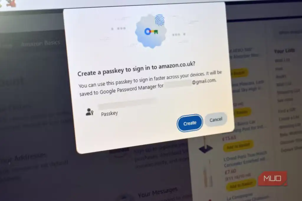 صفحه ساخت Passkey برای حساب Amazon در مرورگر.