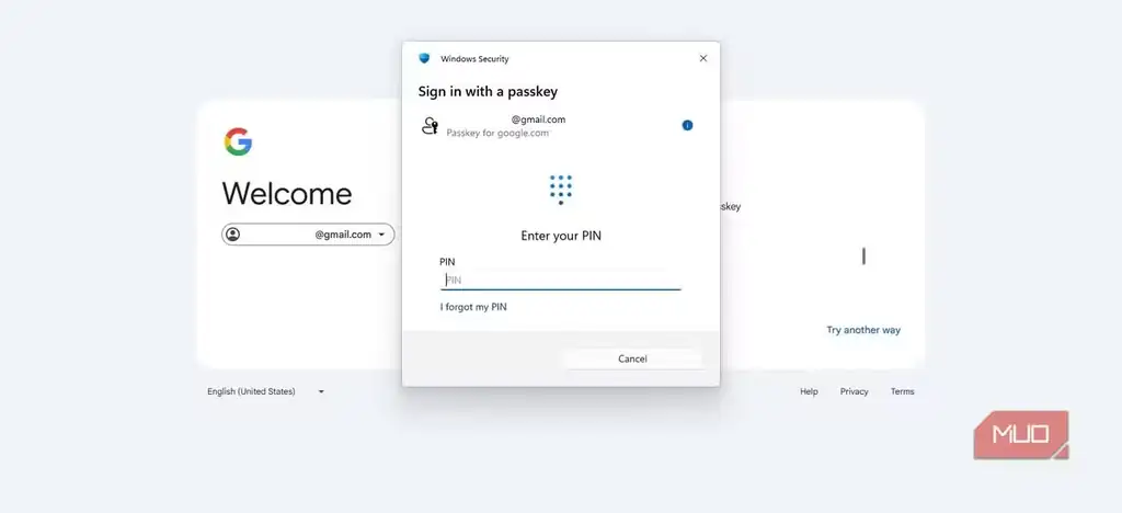 صفحه ورود Gmail با گزینه استفاده از Passkey.